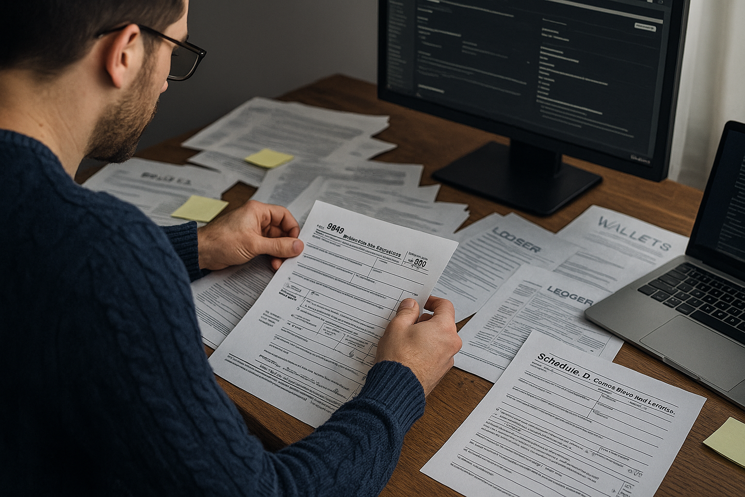 Person meticulously organizing crypto transaction printouts and tax forms, with tax software on a monitor, representing organized crypto tax reporting.