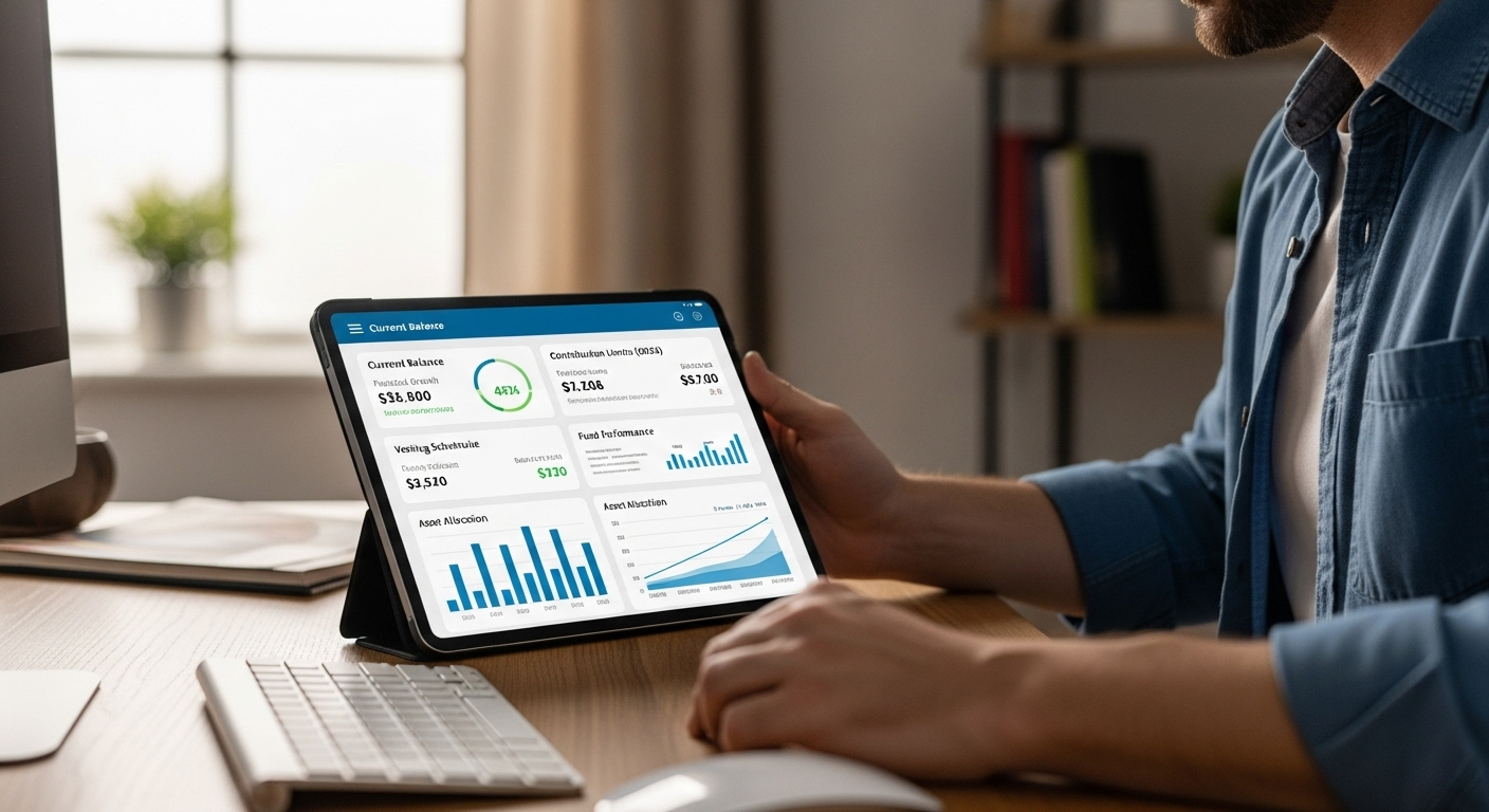 A person reviews 401(k) investment growth and contribution limits on a tablet, with financial terms on screen.