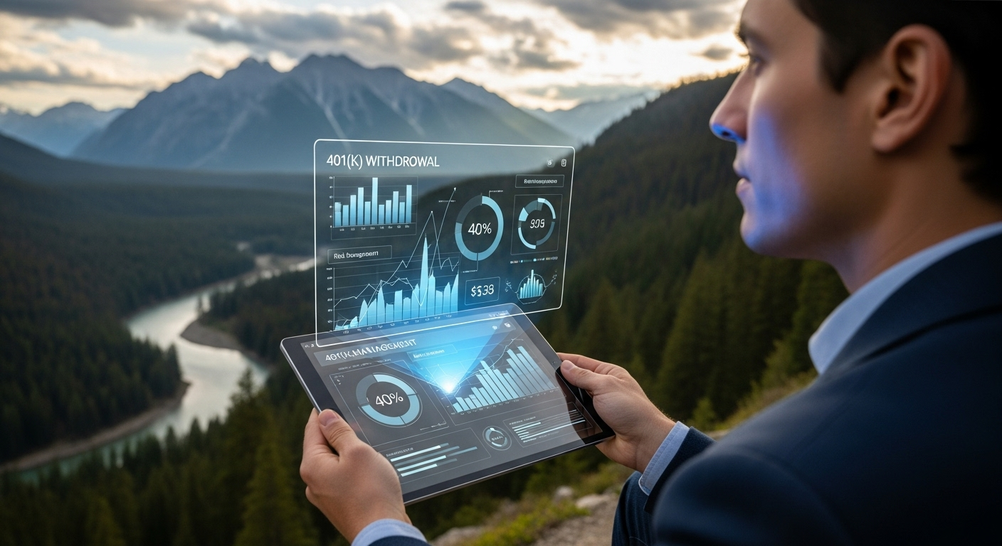 A person looks toward a scenic view while reviewing holographic 401(k) withdrawal and risk management data.