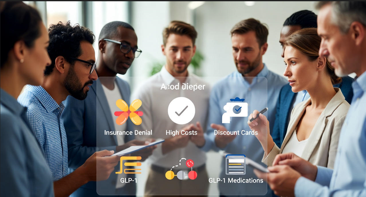 Diverse group examining a digital display showing GLP-1 medication access options, including insurance denial, high costs, and discount cards.