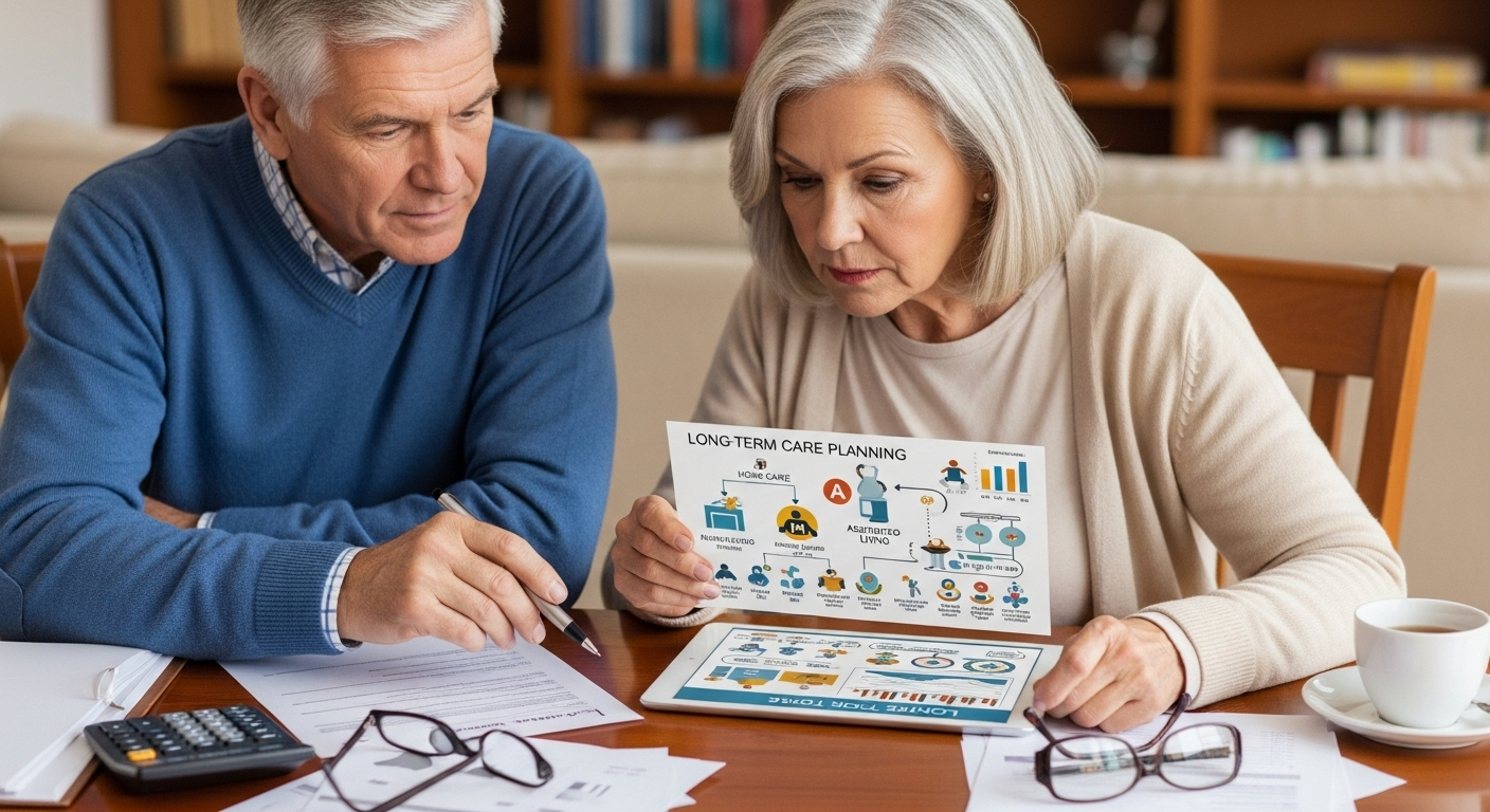 A senior couple thoughtfully reviews financial documents and a digital infographic on long-term care planning options, symbolizing the complexity of choices.