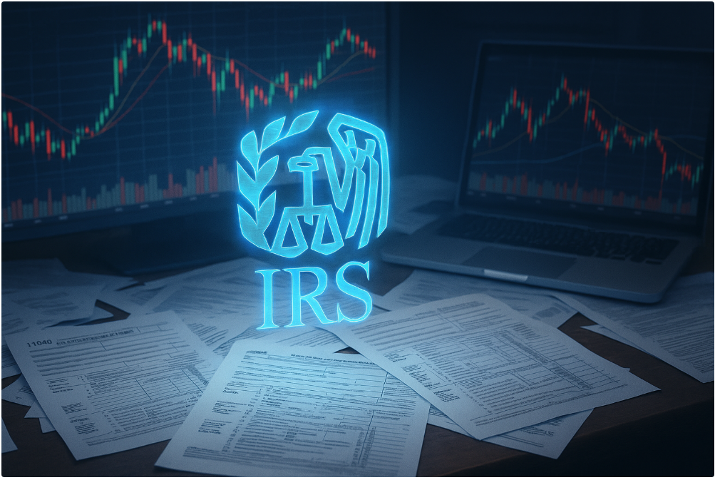 Holographic IRS logo over chaotic crypto charts, tax forms, and a laptop, symbolizing the complexity and risk of unreported crypto taxes.